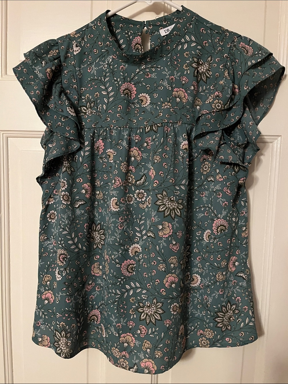 DR2 Teal Green Floral Ruffle Sleeve Blouse